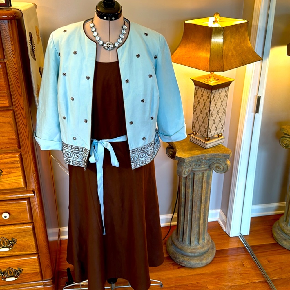 COLDWATER CREEK LINEN&RAYON DRESS SUIT Fully Lined with Ribbon Waist Accent.